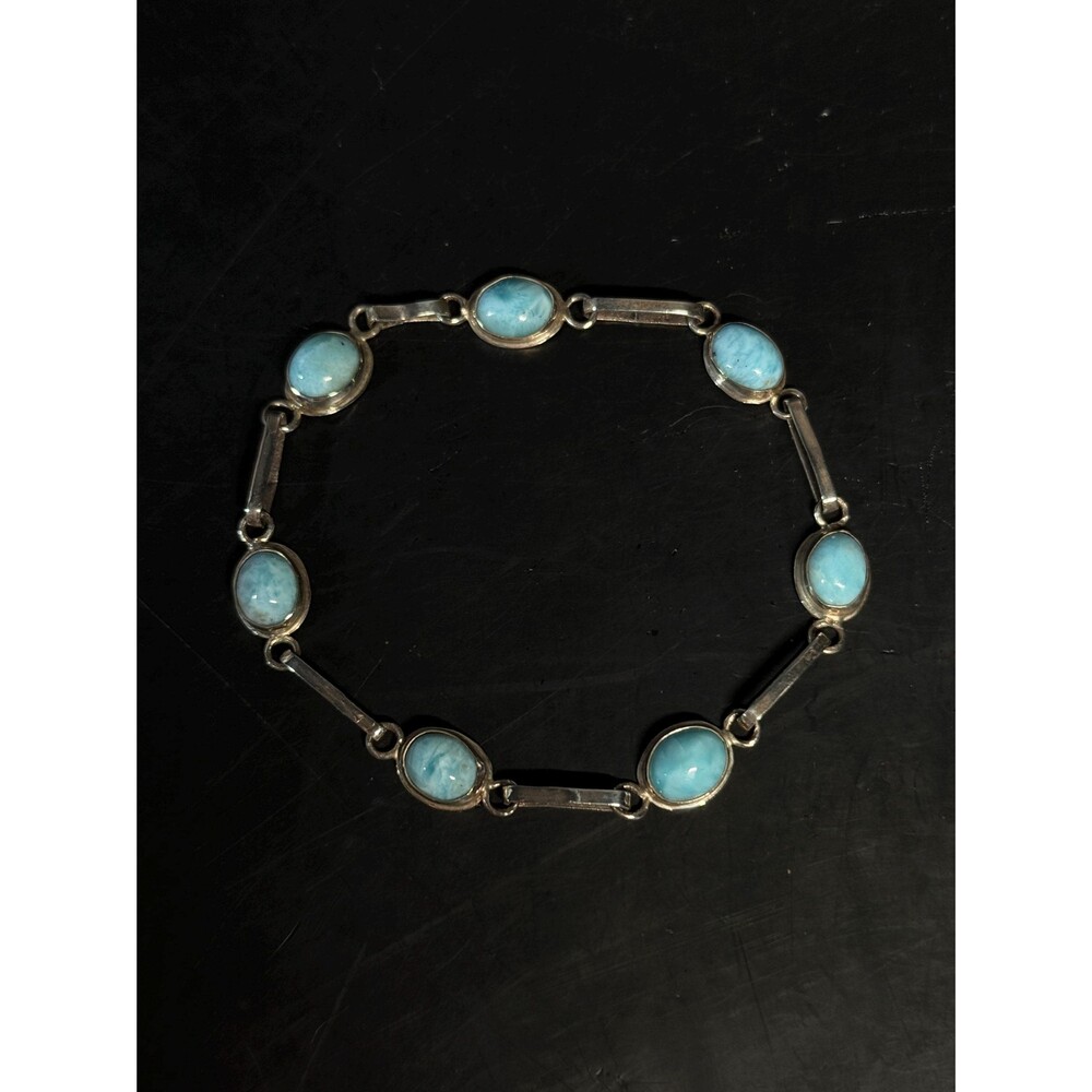 925 Sterling Silver Larimar Bracelet 7 Blue Oval Cabochon Stones 7.25 Inch